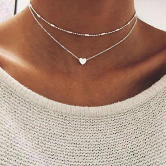 Mr. Boutique Jewelry - Silver Heart Choker Double Chain  Necklace